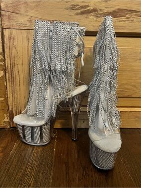NEW IN BOX- Pleaser Silver Crystal Fringe Platform Heels